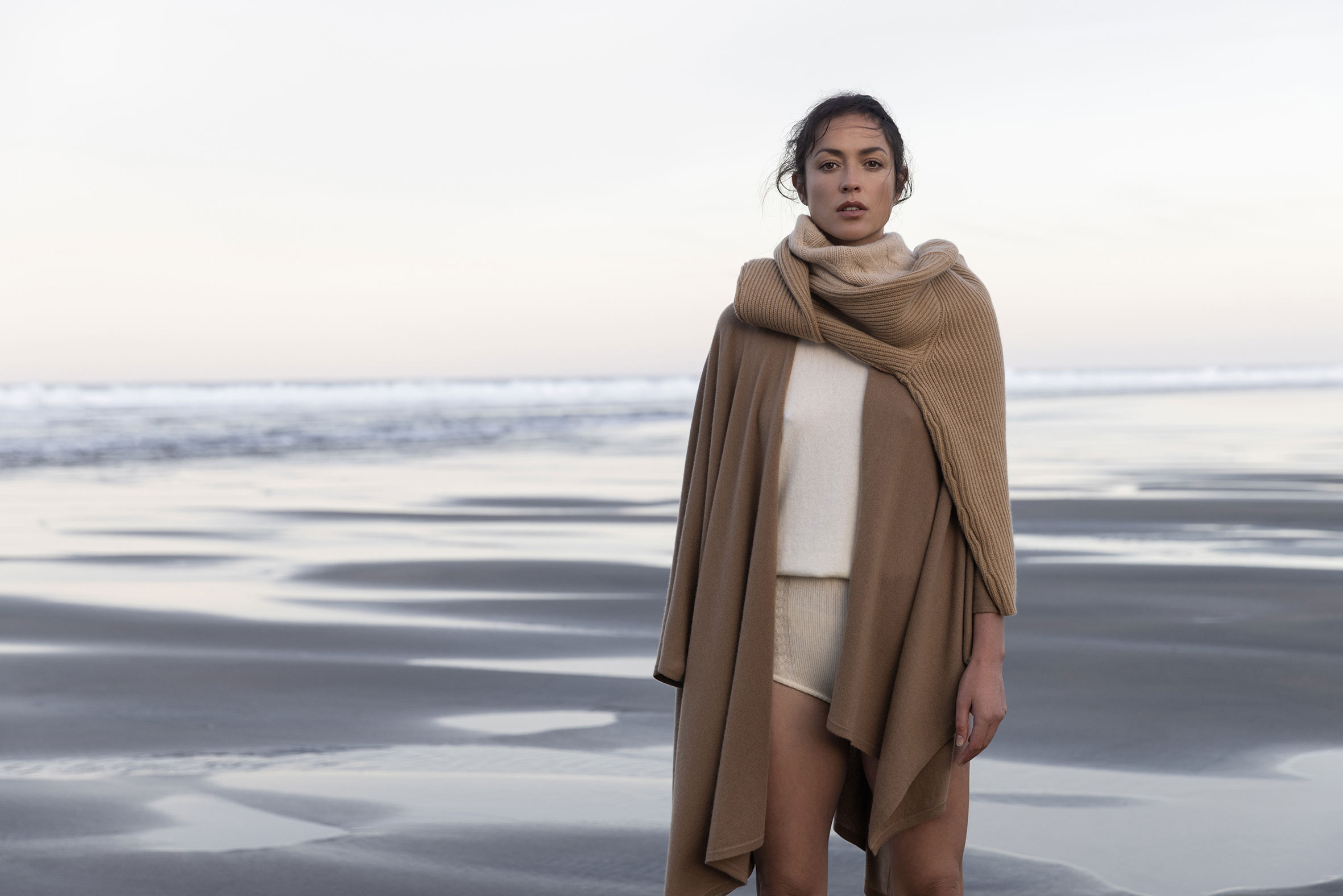 Māori woman Piha beach Elle and Riley Cashmere