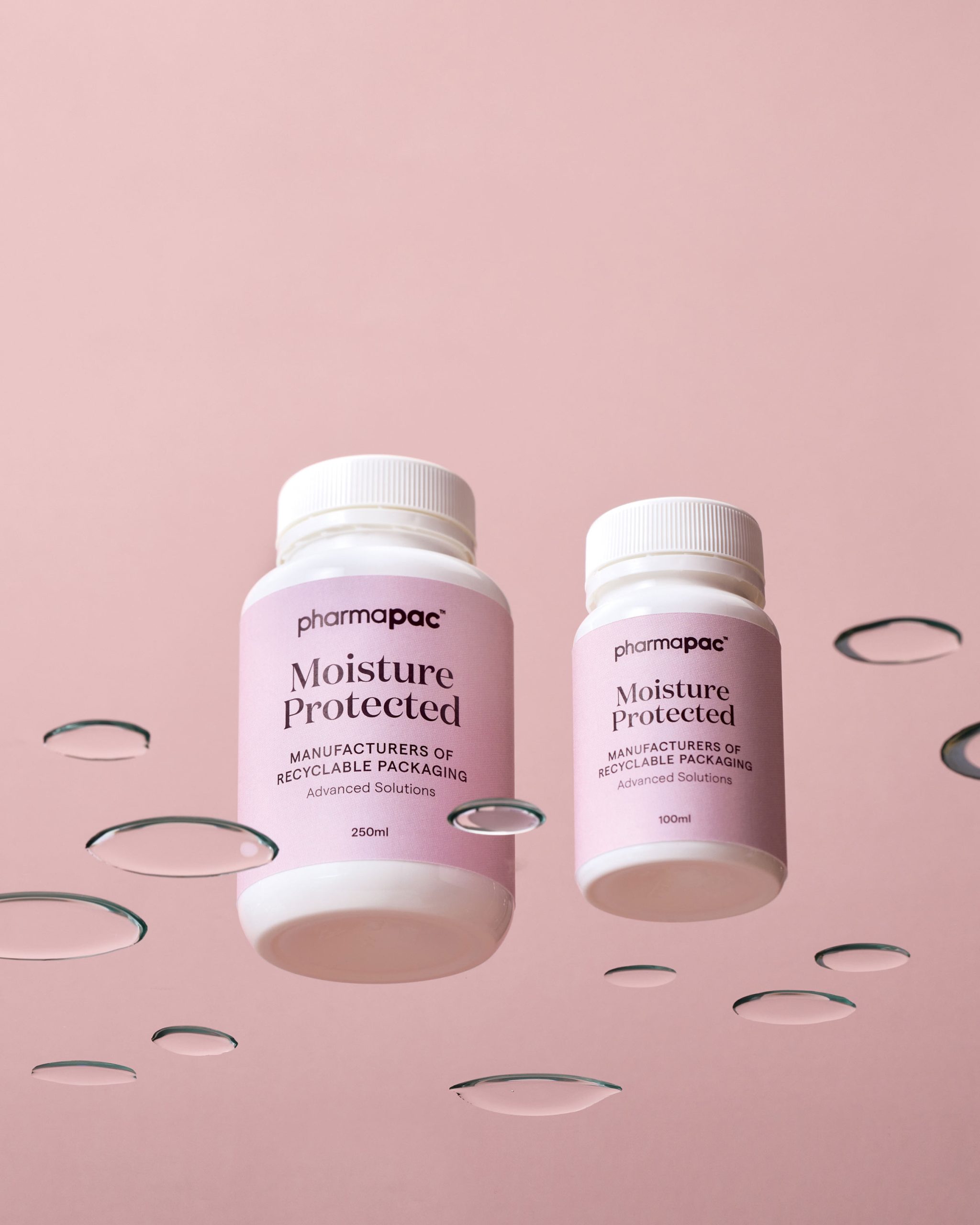 Moisture Protected Product with droplets pink background Pharmapac Onfire Design